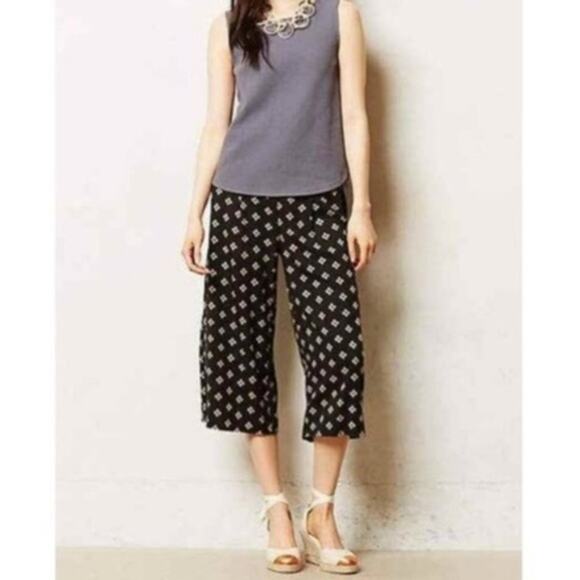 ELEVENSES Printed Crop Trouser Pants High Rise Wide Leg Lightweight Black Size 2 - Picture 1 of 8